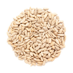 Organic Sunflower seed (Helianthus annuus)  in Circle Shape. Isolated on White Background.  Micro Closeup, Top view.