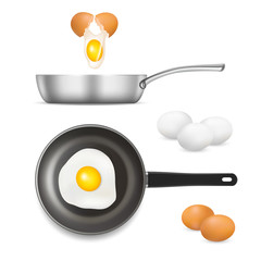 Cracked and scrambled chicken eggs vector icon set