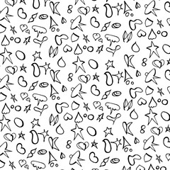 Vector illustration of icons, hearts, stars, dots. Black and White Symbols