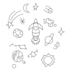 Postcard with the image of the cosmos, the universe, comets, stars, planets and rocket, vector illustration