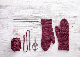 Obraz na płótnie Canvas Knitted deep red mittens