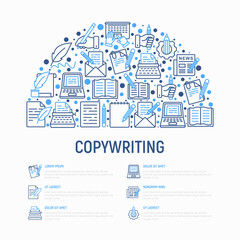 Copywriting concept in half circle with thin line icons: letter, e-mail, book, blogging, hand with pen, feather, typewriter, article, seo. Modern vector illustration for web page template, banner.