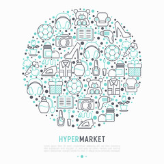Hypermarket concept in circle with thin line icons set: apparel, sport equipment, electronics, perfumery, cosmetics, toys, food, appliances. Modern vector illustration for print media.