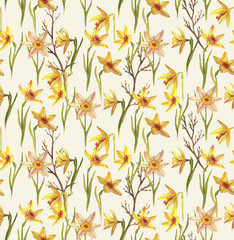 Hand-drawn watercolor floral seamless pattern with the narcissus flowers on the white background in vintage style. Natural and vibrant repeated print for textile, wallpaper. Spring flowers