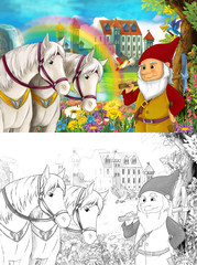 cartoon scene with dwarf near some beautiful rainbow waterfall and medieval castle - with coloring page - illustration for children 
