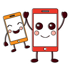 happy smartphone pair hand in hand cartoon kawaii vector illustration  