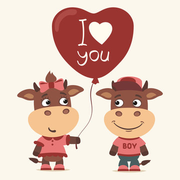 I love you! Funny cow girl gives balloon heart for bull boy. Greeting card for Valentine's Day.