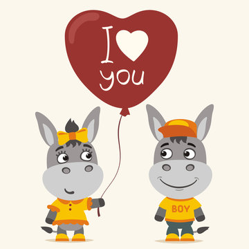 I love you! Funny donkey girl gives balloon heart for donkey boy. Greeting card for Valentine's Day.