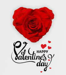 Happy Valentines day. Happy Valentines day. Congratulation card with handwritten calligraphy text and red hearts on white background