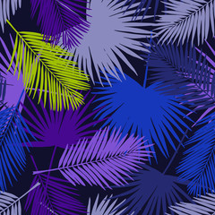 Fototapeta na wymiar Seamless floral pattern with stylized fan and silk palm leaves. Jungle foliage, violet, blue and green hues on navy background. Textile design.
