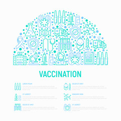 Vaccination concept in half circle with thin line icons: vaccine, syringe, ampoule, vial, microscope, virus, DNA, hospital, ambulance. Vector illustration, web page template.