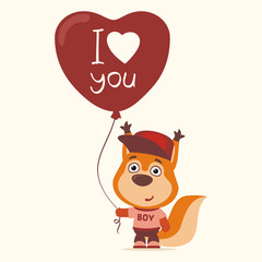 I love you! Funny squirrel with balloon heart for Valentine's Day. Greeting card for Valentine's Day.