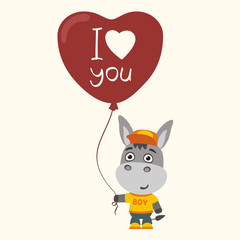 Naklejka premium I love you! Funny donkey with balloon heart for Valentine's Day. Greeting card for Valentine's Day.