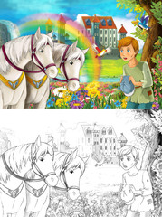 cartoon scene with beautiful pair of horses stream rainbow and palace in the background young poor boy is standing and looking illustration for children 
