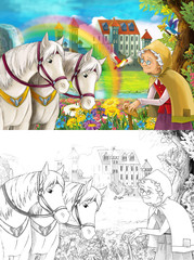 cartoon fairy tale scene with older woman in the field full of flowers near small waterfall colorful rainbow and big castle illustration for children