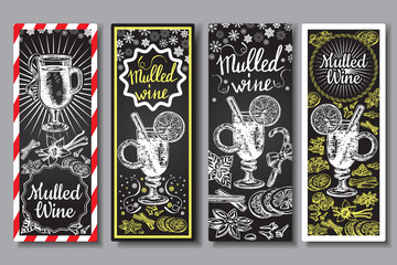 Fototapeta premium Hand drawn mulled wine vector banners set. Black and white sketch posters with wine glass. Menu cards design templates in retro vintage style