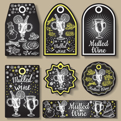 Naklejka premium Hand drawn mulled wine vector gift tags set. Black and white sketch badges and logo with wine glass. Menu cards design templates in retro vintage style