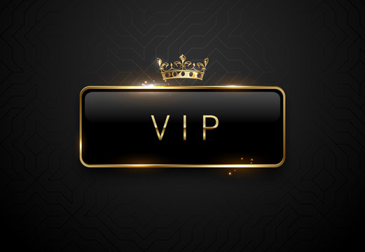 Vip black label with golden frame sparks and crown on black background. Dark premium template. Vector illustration.