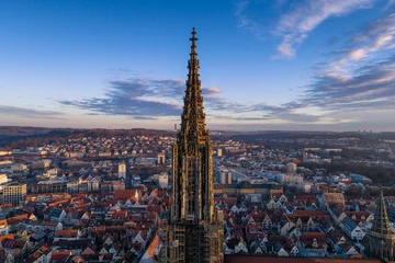 Aerial shot taken with a drone of Ulm Minster at sunrise © Luis