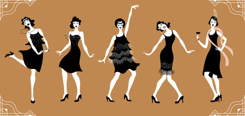 Charleston Party.Flat gatsby style set. Group of retro woman dancing charleston.Vintage style. retro silhouette dancer.1920