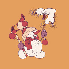 Cute smiling snowman with candy cane, decorating pine, bird