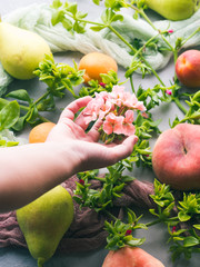 Fresh summer fruit concept still life - peaches, apricots and pears
