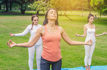 Obraz premium Healthy life exercise concept - Yoga class concept young woman in yoga class on the park