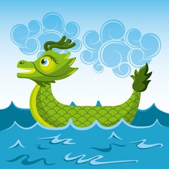 green dragon chinese boat sea cartoon vector illustration