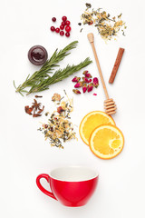 Beautiful and delicious dried tea leaves with herbs, flowers, berries, fruits