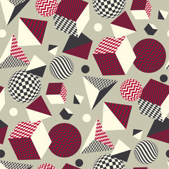 Abstract 3d geometric seamless pattern. Volume illusion geometry shapes repeatable motif in vintage retro colors. Graphic element for surface design, fabric, wrapping paper..