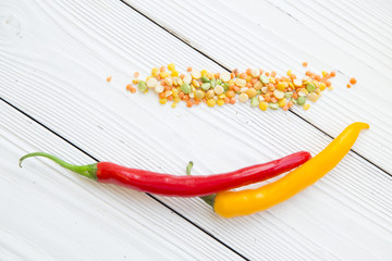 Preparing Healthy Food, Vegeterian, Vegan Concept. White wooden background with red and yellow...