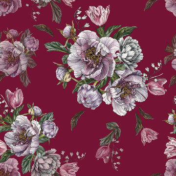 Floral seamless pattern with watercolor peonies and tulips