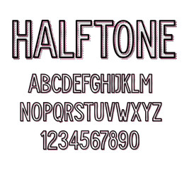 Vector dirty halftone font set isolated on white background. For logo, poster, banner. Uppercase letters and numbers.