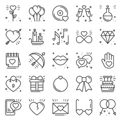 Love line icons set. Happy Valentine day signs and symbols. Love, couple, relationship, dating, wedding, holiday, romantic amour theme. Heart, lips, gift. - 188842959