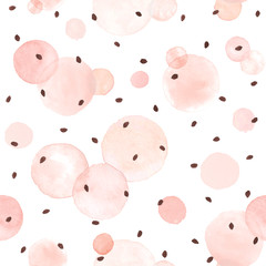 Watercolor vector texture. Aquarelle circles in pastel colors. Seamless pattern. Watercolor pink spots and small dots isolated on white background.