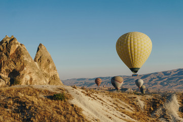 Hot air balloons festival in Goreme national park, fairy chimneys, Cappadocia, Turkey