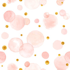 Watercolor vector texture. Aquarelle circles in pastel colors. Seamless pattern. Watercolor pink, and golden spots isolated on white background. - 188843395
