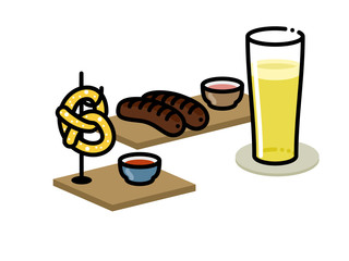 Traditional German or Bavarian meal. High beer glass for wheat hefeweizen german beer. Soft pretzel on hook and sausages with sauce. Isolated on white background flat line art style.