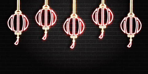 Vector realistic isolated neon sign with Chinese Lanterns for decoration and covering on the wall background. Concept of Chinese New Year.