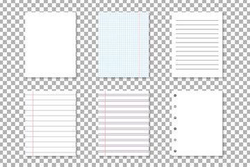 Vector set of isolated notebook paper lists for decoration and covering on the transparent background. Concept of note, posting and education.