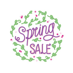 Spring sale with twigs and leaves. Fresh style banner or poster. Isolated on white background line art style illustration.