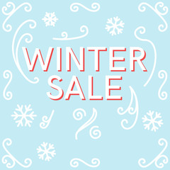 Fototapeta na wymiar Winter sale poster, banner or flyer on blue ice background with curves, swirls and snowflakes. Isolated flat line art style illustration.