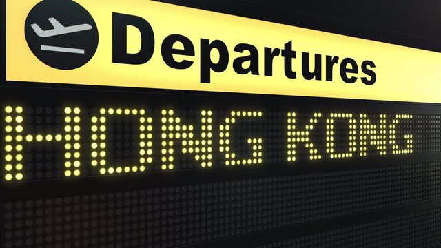 Flight to Hong Kong on international airport departures board. Travelling to China conceptual intro animation