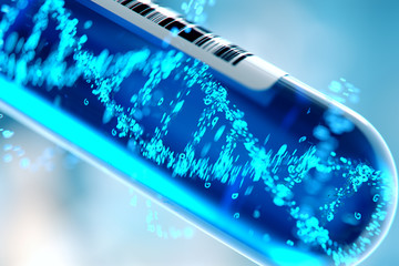 Molecule of DNA forming inside the test tube equipment.3d rendering,conceptual image.