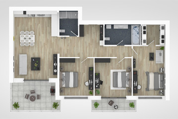 Floor plan of a house top view 3D illustration. Open concept living appartment layout - obrazy, fototapety, plakaty