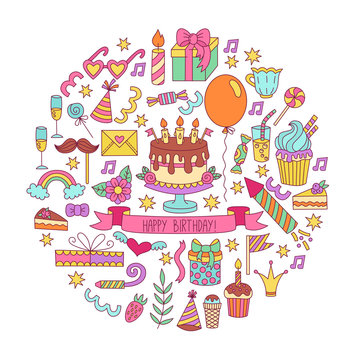 Birthday doodle drawn symbols colorful vector set