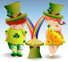 A red-haired boy and a red-haired girl in green clothes and green forts to St. Patrick's Day with maple leaves and a hat filled with gold coins that pour from the rainbow