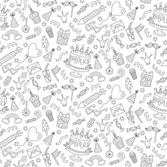 Birthday doodle icons line seamless vector pattern