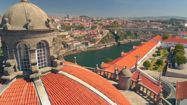 Portugal Porto aerial video city centre bridges boat ship monastery rooftop 4k