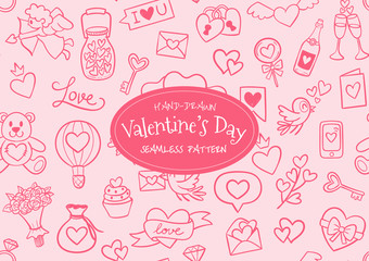 Hand drawn Valentine's Day seamless pattern. Cute doodle element collection. Lovely pink background. Vector illustration.